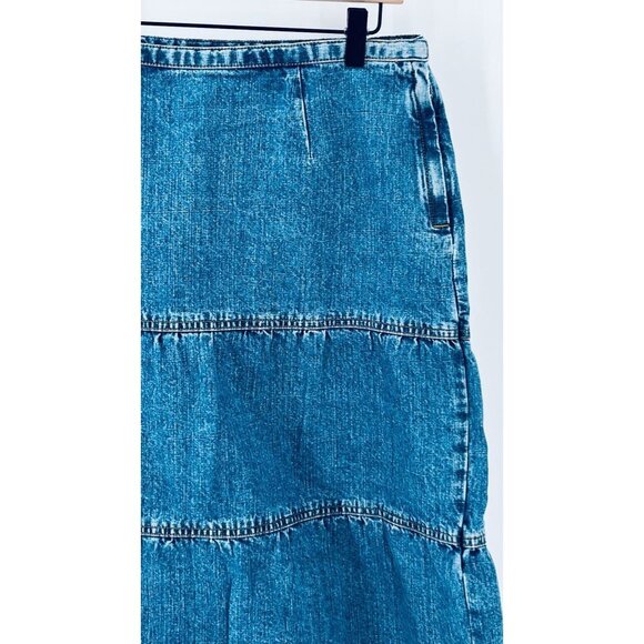 Loft Ann Taylor Tired Ruffled Midi Length Denim  Skirt Size 14P Ruffles Side Zip - Picture 4 of 9